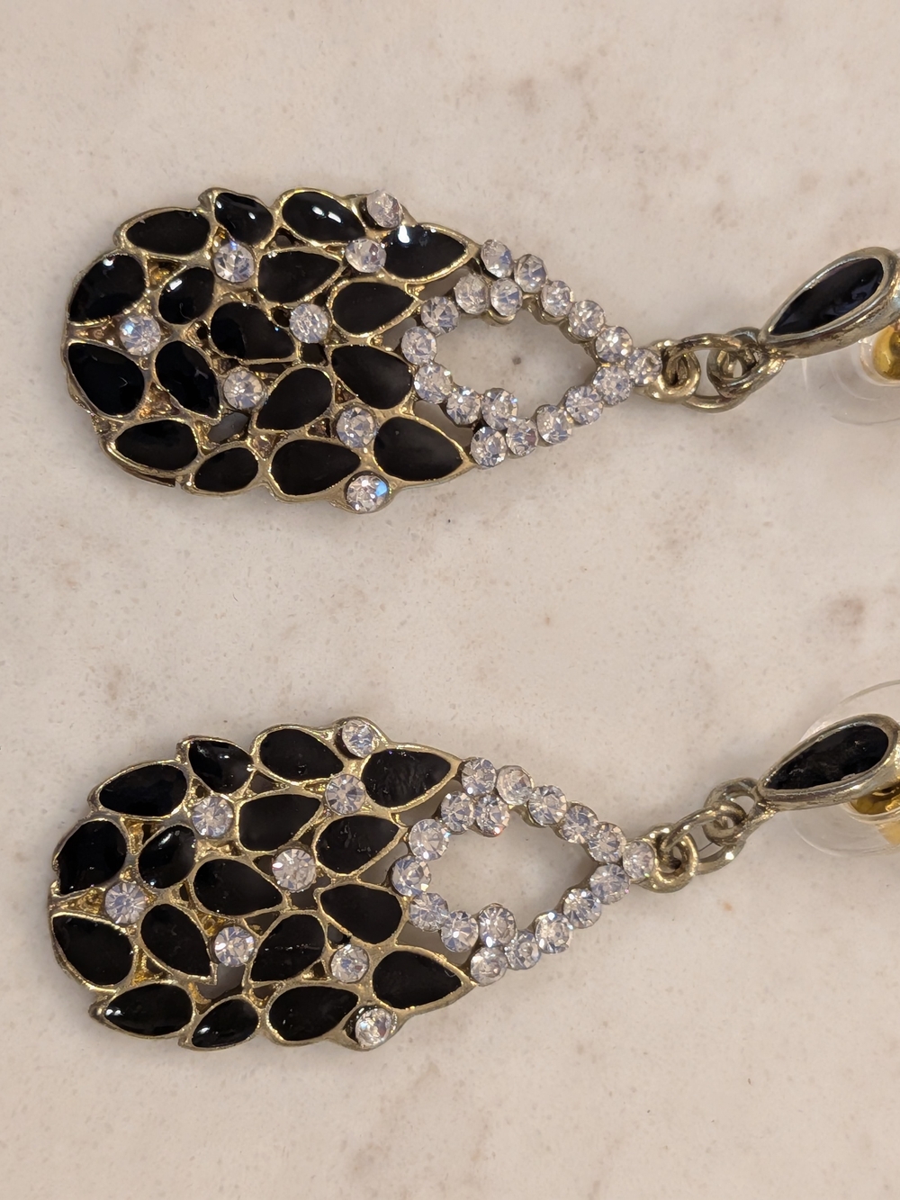 B#2: Gold-Tone Black Crystal Teardrop Earrings with Clear Rhinestones
